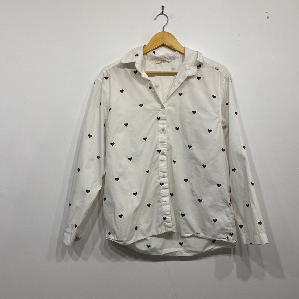 Zara Home Women White Embroidered Heart Button Down Shirt Long Sleeve Size S